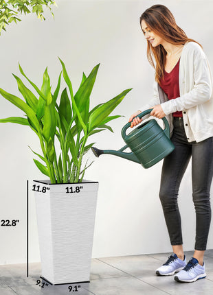 22.8 Inch Set of 3 Outdoor Planters with Stone Finish and Wheels, Stackable Tapered Planters with Drainage Hole, White