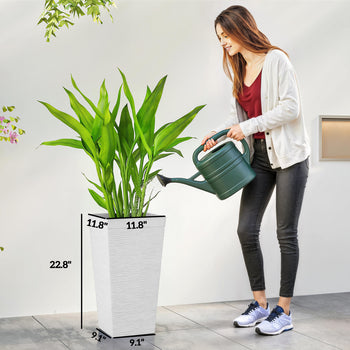 22.8 Inch Set of 3 Outdoor Planters with Stone Finish and Wheels, Stackable Tapered Planters with Drainage Hole, White