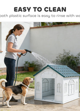 Plastic Dog House for Medium and Small Dogs, Water Resistant Puppy Shelter Indoor Outdoor with Door, Easy to Assemble, Blue