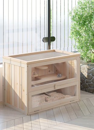 2-Level Hamster Cage Mice and Rat House, Small Animal Habitat for Guinea Pigs, Chinchillas with Openable Top, Front Door, Shelf and Ladder, Natural