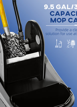 9.5 Gallon (38 Quart) Mop Bucket with Wringer Cleaning Cart, 4 Moving Wheels, Mop-Handle Holder & 2 Separate Buckets, Gray