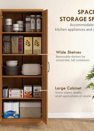 63" 2-Door Kitchen Pantry, Freestanding Cabinet with 2 Adjustable Shelves for Dining Room, Cinnamon Teak Wood Grain
