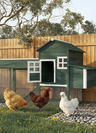84" Wooden Chicken Coop, Hen House Outdoor with Run Nesting Box, Asphalt Roof, Removable Tray, Ramp, Poultry Cage for 2-3 Chickens, Green