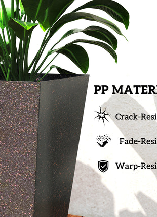 28" Tall Planters, Set of 3 Plastic Flower Pots with Marble Finish and Drainage Holes, Stackable Taper Planters, Brown