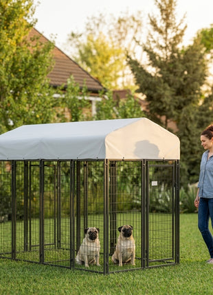 Outdoor Dog Kennel with Two-Room Design, Water-Resistant & Sun-Proof Cover, for S, M, L Dogs, 8' x 4' x 6'