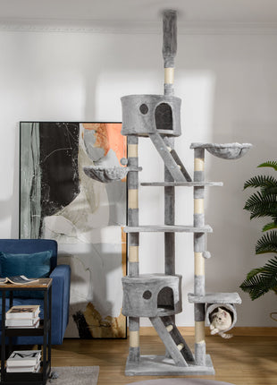 Floor to Ceiling Cat Tree, 94.5-102.5 inch Height Adjustable Cat Climbing Tower with Scratching Posts, Condos, Hammocks
