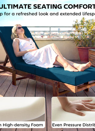 Set of 2 Chaise Lounge Cushion, 4" Thick Outdoor Lounge Chair Cushions with Ties for Patio, 21" x 72", Navy Blue