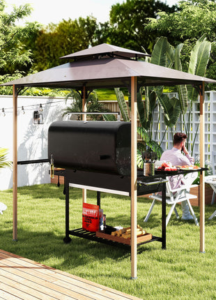 8' x 5' Grill Gazebo, Double Tiered Barbecue Grill Gazebo Shelter with 2 Side Shelves and 10 Hooks for Patio, Garden