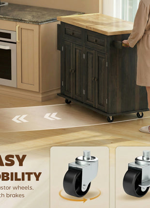 44" Mobile Kitchen Island Table, Kitchen Island Cart on Wheels with Storage Cabinets, 2 Drawers, Brown