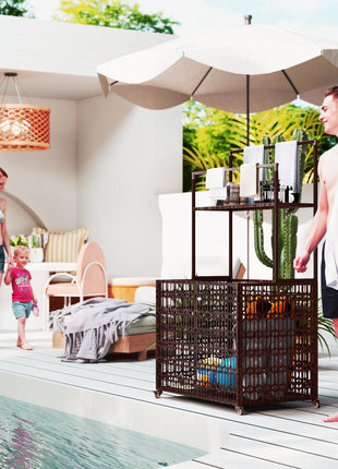 Wicker Pool Float Storage Organizer, PE Rattan Pool Float Holder with Basket Shelf Towel Bars, Rolling Pool Caddy for Floaties, Noodles, Life Vests, Beach Balls, Mixed-Brown