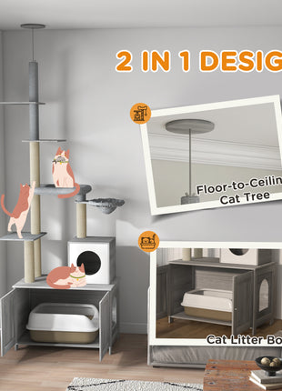 2 in 1 Floor to Ceiling Cat Tree with Litter Box Enclosure, Condo, Bed, Hammock, Scratching Posts, and Platforms, Gray