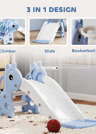 3-in-1 Toddler Slide for Age 1-3, Freestanding Kids Slide with Climber, Basketball Hoop and Ball, Giraffe Design, Blue