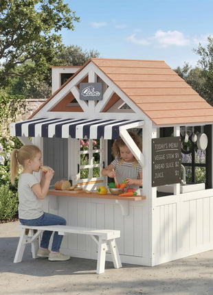 Outdoor Playhouse, Wooden Kids Playhouse with Dog Door, Cookware, Blackboard, Bench, Doorbell for Ages 2+