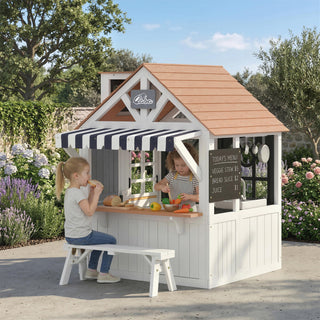 Outdoor Playhouse, Wooden Kids Playhouse with Dog Door, Cookware, Blackboard, Bench, Doorbell for Ages 2+