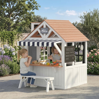 Outdoor Playhouse, Wooden Kids Playhouse with Dog Door, Cookware, Blackboard, Bench, Doorbell for Ages 2+