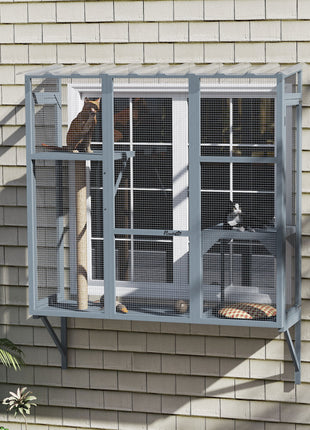 Catio Outdoor, Window Catio for 2-3 Large Indoor Cats w/ 2 Jumping Platforms, Scratching Post, for Playing, Napping