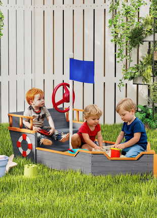 Kids Wooden Sandbox Pirate Ship Sandboat w/ Bench Seat Storage Space Ceder Wood, Gray