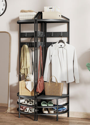Corner Hall Tree, Industrial 4-Tier Coat Rack with Shoe Storage, 8 Movable Hooks and 2 Shelves for Hallway, Black