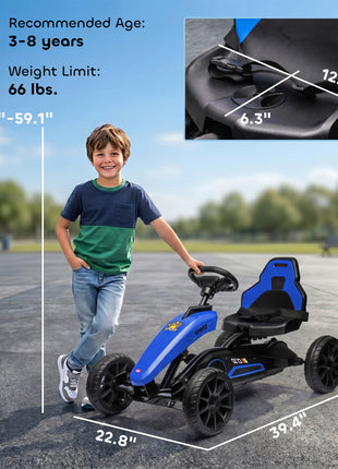 Kids Pedal Go Kart w/ Swing Axle, Shock-Absorbing Wheels, Blue
