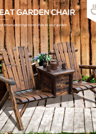 Double Wooden Adirondack Chair with Ice Bucket, Outdoor Loveseat with High Backrest, Smooth Armrest, Rustic Brown