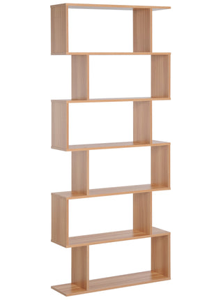 75.5" H Bookcase 6 Shelf S-Shaped Bookshelf Wooden Storage Display Stand Shelf Organizer Free Standing, Oak
