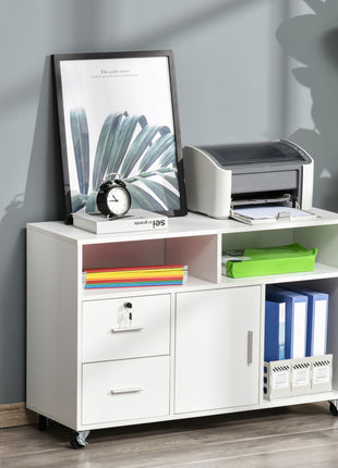 Printer Stand Home Office Mobile Storage Cabinet Organizer Desktop with Caster Wheels, 2 Locking Breaks and Drawer, White