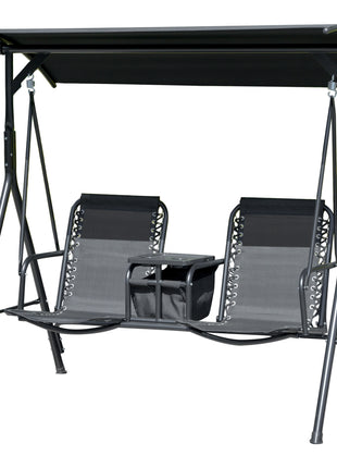 2-Seat Outdoor Porch Swing, with Pivot Storage Table, Cup Holder, & Adjustable Overhead Canopy, Stand's Skid-Resistant Feet Pad, Breathable Mesh Seat, Steel Frame, for Patio, Black