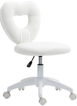Armless Computer Desk Chair, Office Task Chair, Teddy Fleece Heart Makeup Vanity Chair with Swivel Wheels, White