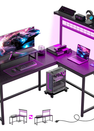 61.6" L Shaped Gaming Desk with Power Outlets & LED Lights, Computer Desk with Monitor Stand and CPU Shelf, Black
