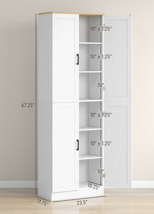 Freestanding Kitchen Pantry, 4-Door Kitchen Pantry Cabinet with Adjustable Shelves and Doors, Distressed White