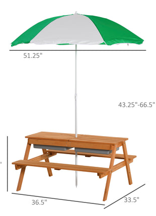 Kids 3 in 1 Sand and Water Table, Wooden Outdoor Convertible Picnic Table with Umbrella and Storage Inside, Bench Backyard Furniture for Garden, Patio, or Balcony