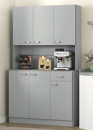 71" Kitchen Pantry Cabinet, Tall Storage Cabinet with Microwave Stand, Modern Kitchen Hutch with Countertop, 6 Doors, Storage Drawer, 3 Adjustable Shelves for Living Room, Dining Room, Gray