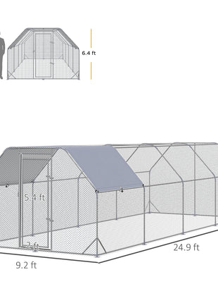 Large Chicken Coop Metal Chicken Run with Waterproof and Anti-UV Cover, Flat Shaped Walk in Fence Cage Hen House for Outdoor and Yard Farm Use, 1" Tube Diameter, 9.2' x 24.9' x 6.4'