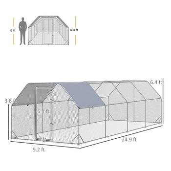 Large Chicken Coop Metal Chicken Run with Waterproof and Anti-UV Cover, Flat Shaped Walk in Fence Cage Hen House for Outdoor and Yard Farm Use, 1" Tube Diameter, 9.2' x 24.9' x 6.4'