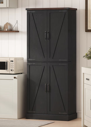 72" Tall Kitchen Pantry Cabinet, Farmhouse Storage Cabinet with 8 Door Racks and Adjustable Shelves, Black