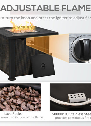 30 Inch Outdoor Propane Gas Fire Pit Table, 50,000 BTU Auto-Ignition Square Wicker-effect Gas Firepit with Ceramic Tabletop, Lid, Lava Rocks & Rain Cover, CSA Certification