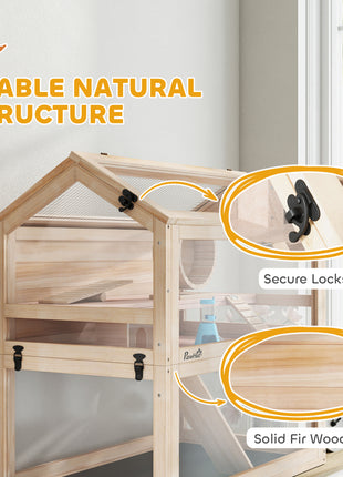 Wooden Hamster Cage, 3-Tier Small Animal Cage with Hut, Seesaw, Ramps, Exercise Wheel, Acrylic Panel and Bottom Tray