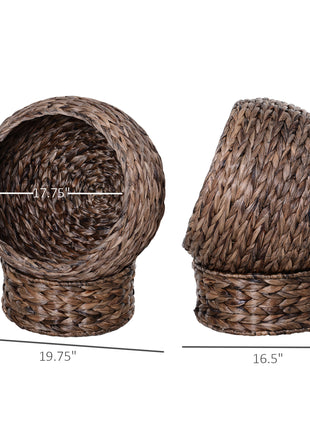 Handwoven Elevated Cat Bed with Rotating Basket and Soft Cushion, Wicker Cat Egg Chair with Stand, Brown