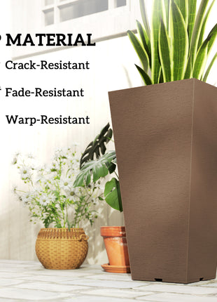 23 Inch Tall Planters for Outdoor Plants, Set of 2 Plastic Flower Pots, for Front Door Patio Garden Use, Brown