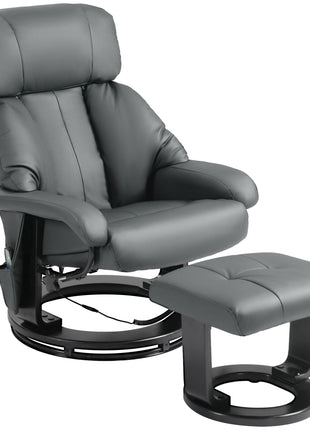 Swivel Recliner with Ottoman, Faux Leather Reclining Chair with Massage, Footstool Remote and Side Pocket, Gray