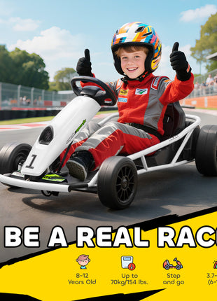 24V Electric Go Kart for Kids, Drift Ride-On Racing Go Kart with 2 Speeds, for Boys Girls Aged 8-12 Years Old, White