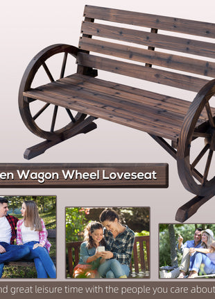 41" Wooden Wagon Wheel Bench, Rustic Outdoor Patio Bench Weather Resistance Furniture, 2-Person Slatted Seat with Backrest, Carbonized
