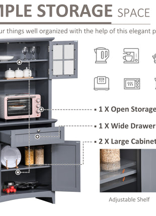 Elegant Buffet with Hutch, Kitchen Pantry Storage Cabinet with Framed Glass Door Drawer and Microwave Space, Gray