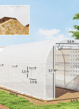 Hoop House Greenhouse, Walk-in Tunnel Greenhouse with 2 Support Rods, Zippered Roll-up Mesh Door, 14.6'x6.5'x6.6', White