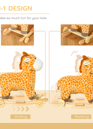 Rocking Horse, 2 in 1 Kids Ride on Horse, Rolling Giraffe Animal Rocker with Sound, Wooden Base, Pedal, Grip Handle, Plush Riding Pony for 3-6 Years Old, Yellow