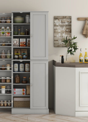 65" Kitchen Cabinet, Kitchen Pantry Cabinet with 4 Doors and 16 Door Shelves for Dining Room, Gray