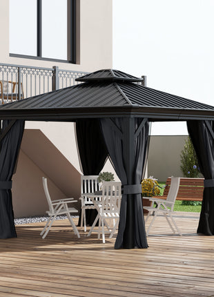 10' x 12' Hardtop Gazebo Permanent Pavilion w/ Double Roof Aluminum Frame Sidewalls for Patio Garden Deck, Dark Gray