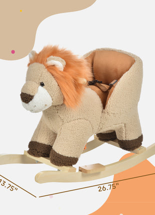 Baby Rocking Horse Lion with Sound, Plush Stuffed Rocking Animals, Wooden Rocking Horse with Seat Belt for 18-36 Months Boys and Girls Gift, Brown