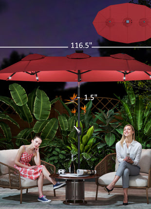 Double-sided Patio Umbrella, 9.7' Outdoor Umbrella with Tilt and Crank, LED Solar Light and 12 Ribs, Wine Red