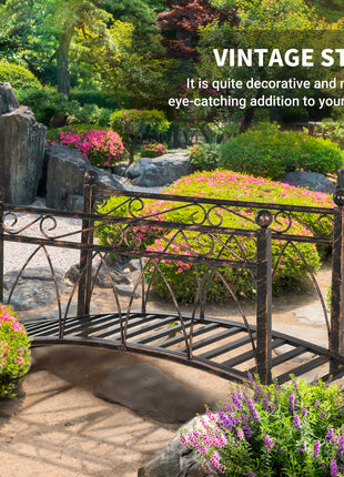 3.3' Metal Arch Zen Garden Bridge with Safety Siderails, Decorative Footbridge, Delicate Scrollwork & Corner Spheres for Stream, Fish Pond, Bronze